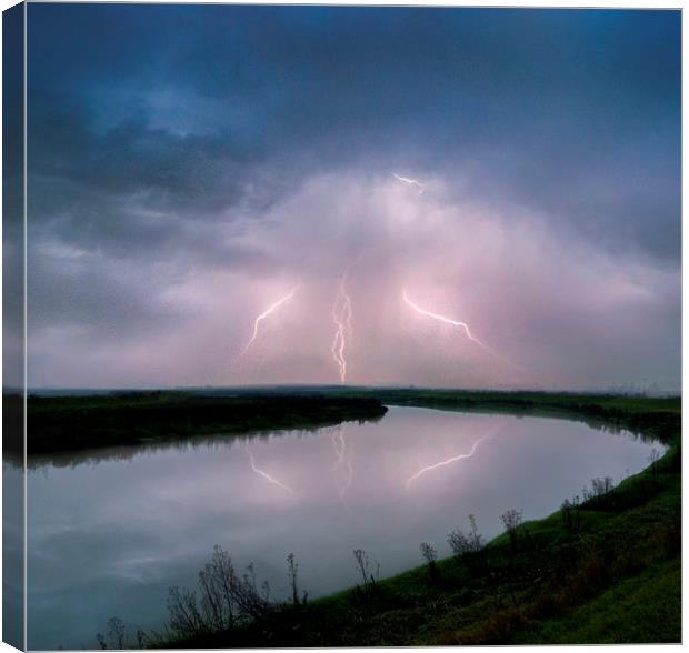 Kightning Strikes over the River Darent Canvas Print by Adrian Campfield