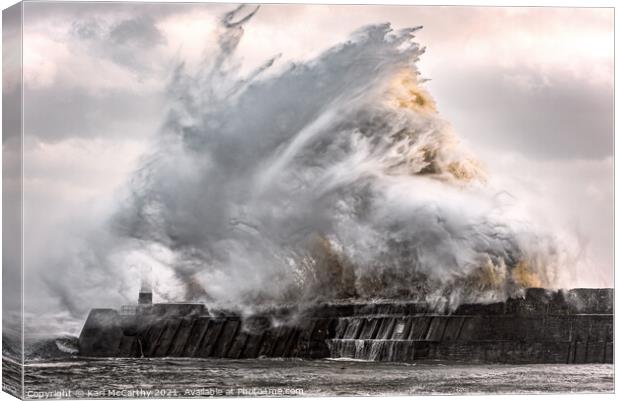 Wave Smashing into Harbour Wall Canvas Print by Karl McCarthy