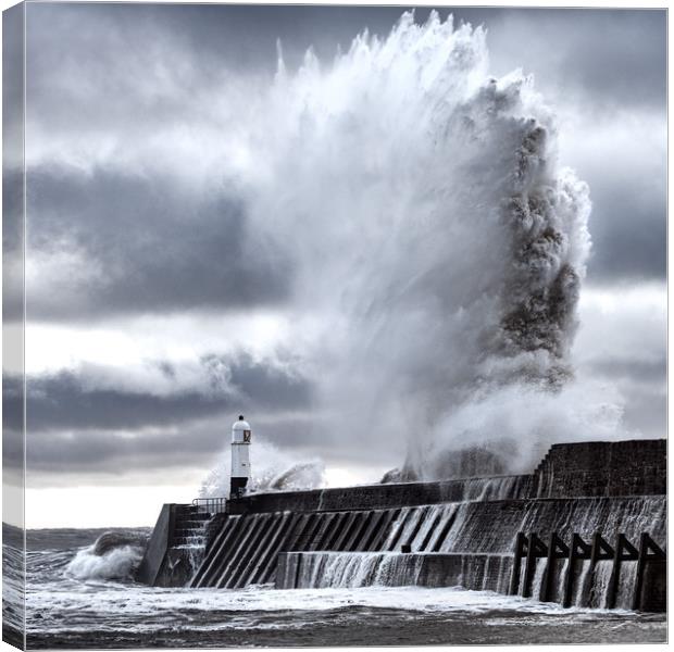 Huge Wave at Porthcawl Lighthouse Canvas Print by Karl McCarthy