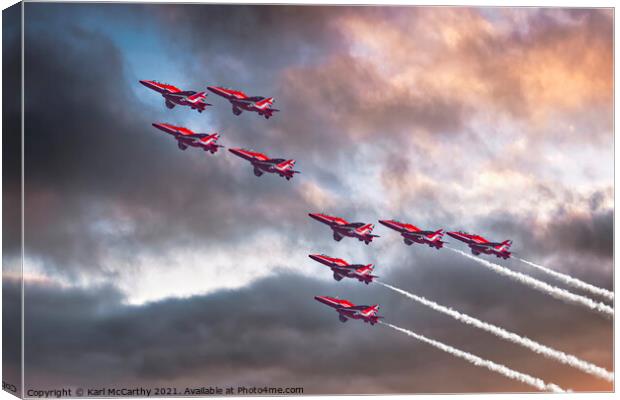 Red Arrows in Typhoon Formation Canvas Print by Karl McCarthy