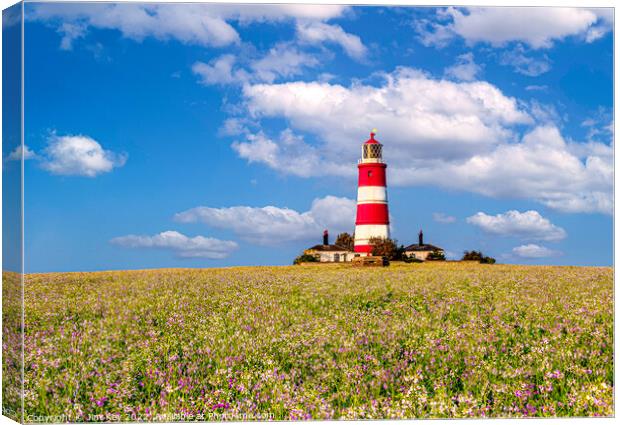 Happisburgh Lighthouse and Cottages Norfolk  Canvas Print by Jim Key