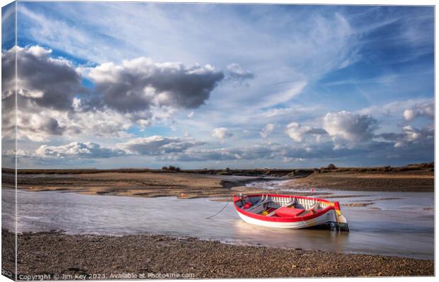 Red and White Boat Burnham Overy Staithe  Canvas Print by Jim Key