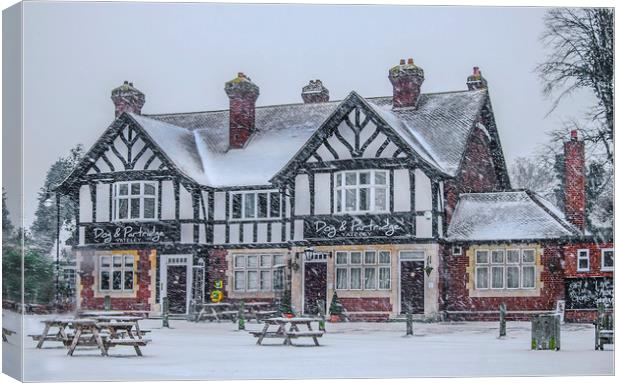 The Dog & Partridge Pub in the Snow Canvas Print by Dave Williams