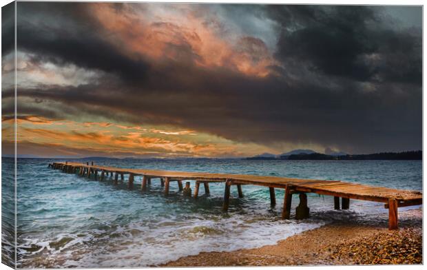 The Old wooden Jetty at Ipsos beach in Corfu at Sunrise Canvas Print by Dave Williams