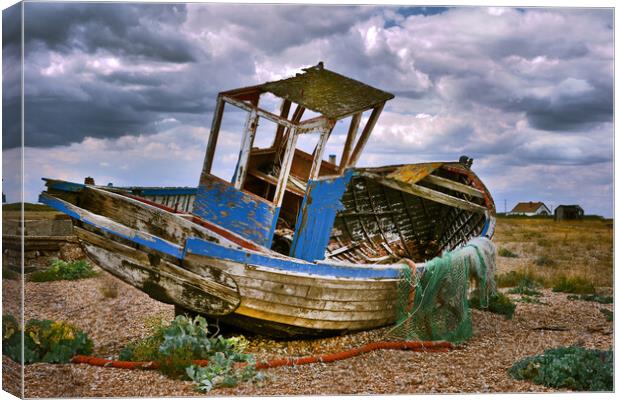 Wrecked Trawler at Dungeness Beach Canvas Print by Dave Williams