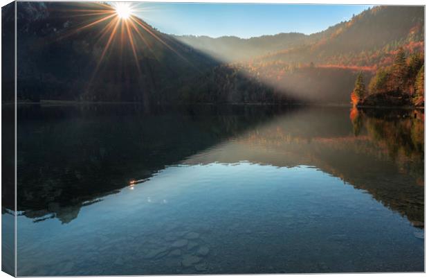 Morning sunshine over lake and autumn forest Canvas Print by Daniela Simona Temneanu