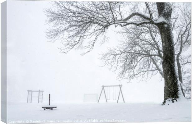 Snowstorm over an empty playground Canvas Print by Daniela Simona Temneanu