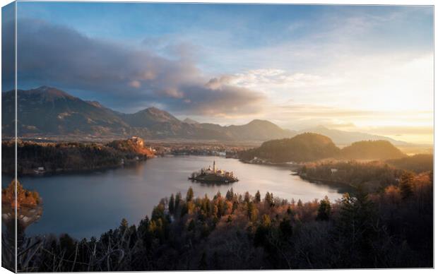 Bled landscape with island, lake and Julian Alps at sunrise in Slovenia Canvas Print by Daniela Simona Temneanu