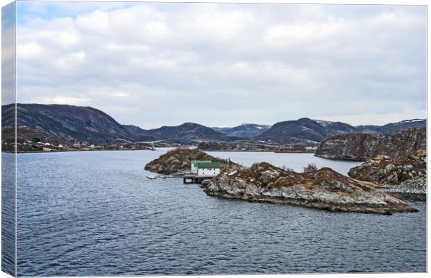 Norwegian Coastline with house Canvas Print by Hazel Wright