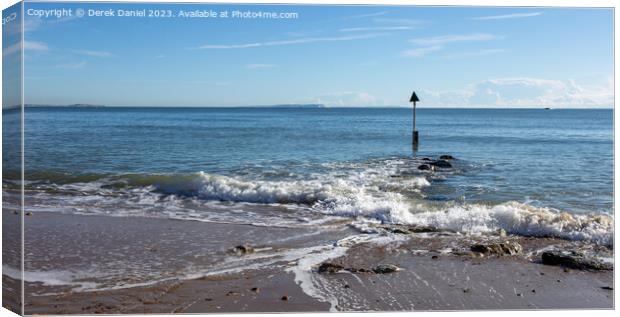 A rocky groyne on the sandy beach at Sandbanks Canvas Print by Derek Daniel