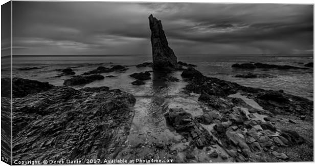 Sea Stack and rocks at Cullen, Moray (panoramic, m Canvas Print by Derek Daniel