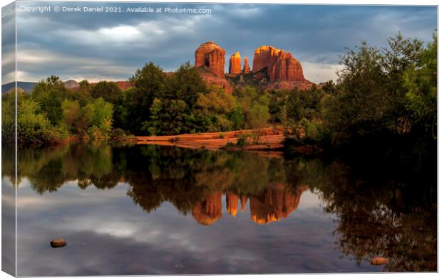 Sunlight hits the top of Cathedral Rock Sedona  Canvas Print by Derek Daniel