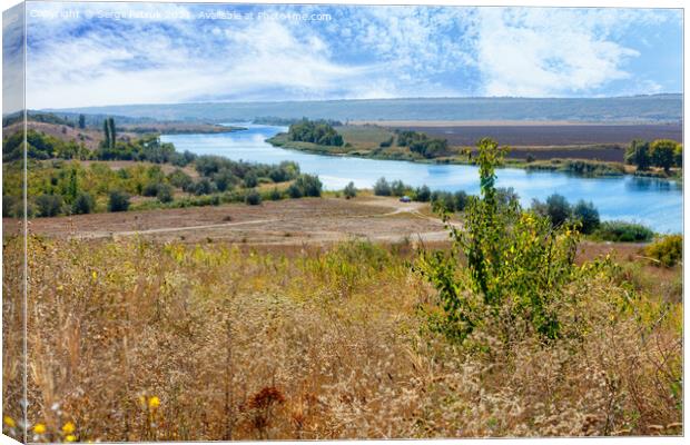 A beautiful summer landscape with a winding river between fields and hills and a blue, slightly cloudy sky. Canvas Print by Sergii Petruk