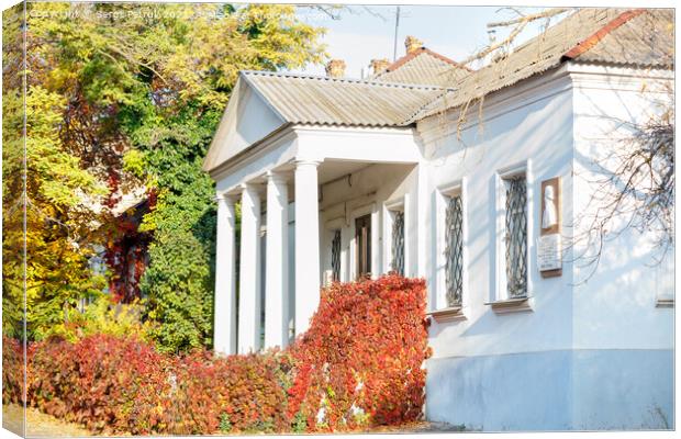 Colorful autumn landscape of an old house with white columns and bright red wild grapes on the facade with a sunny day. Canvas Print by Sergii Petruk