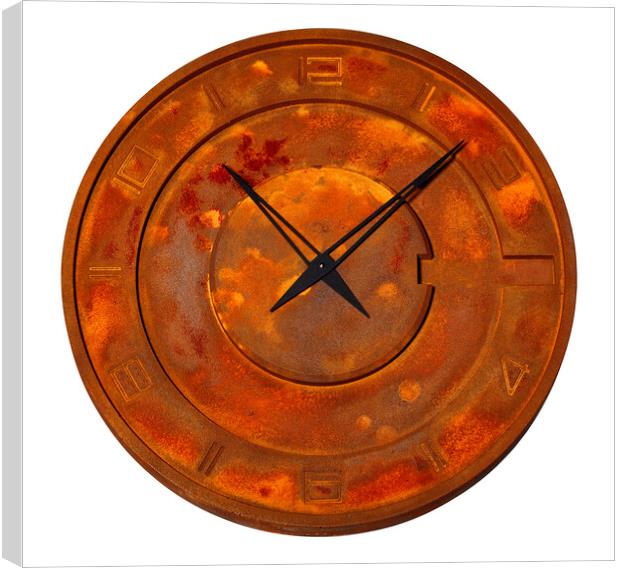Unusual industrial iron wall clock covered with solid rust, isolated on white background. Canvas Print by Sergii Petruk