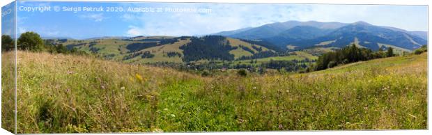 Beautiful panorama of Carpathian mountains in summer against the background of green grass, blue sky and light white clouds. Canvas Print by Sergii Petruk
