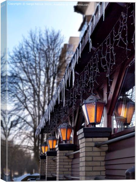 bright street lights near the restaurant illuminate the early spring morning Canvas Print by Sergii Petruk