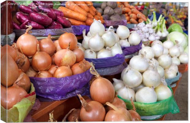 different varieties of onions are sold in trays on the market Canvas Print by Sergii Petruk