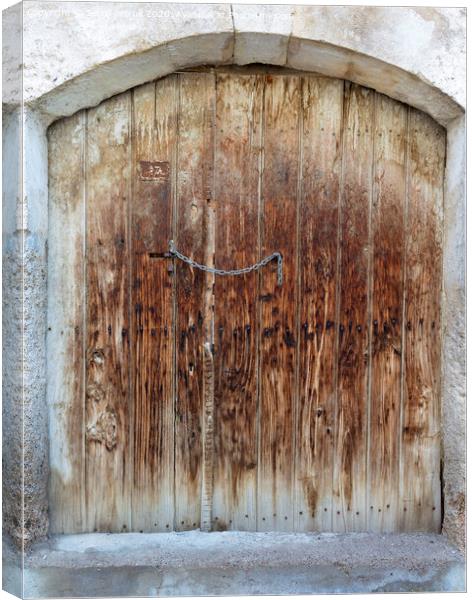 Ancient trapezoidal antique wooden doors with a metal lock in the middle Canvas Print by Sergii Petruk