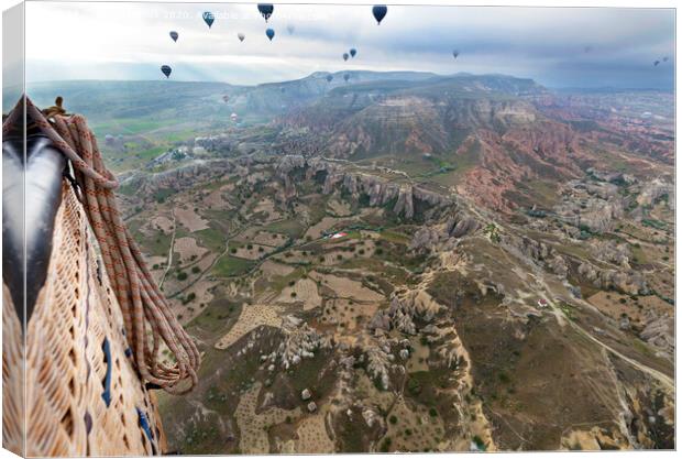 A balloons is flying over the valley in Cappadocia Canvas Print by Sergii Petruk