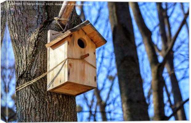 A new nesting box is attached with a rope high on a tree trunk in a spring park. Canvas Print by Sergii Petruk
