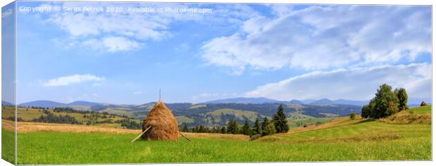 A haystack stands in a meadow against the backdrop of the Carpathian mountains and slopes. Canvas Print by Sergii Petruk