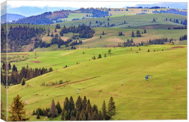 Landscape of the spring Carpathian mountains with blue masts of a mountain cable lift leading to the top of the mountain. Canvas Print by Sergii Petruk