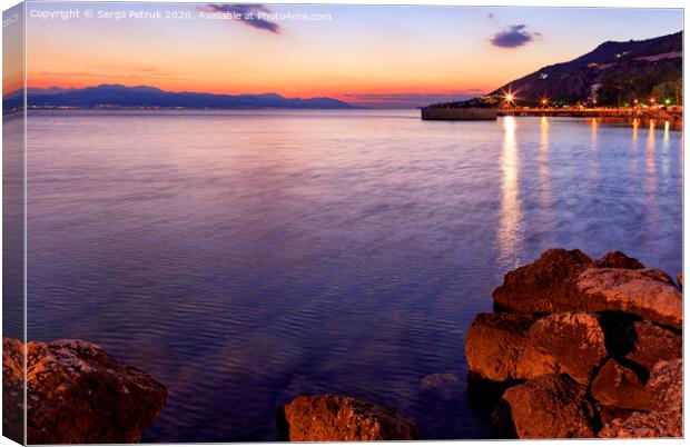 Beautiful, bright sunset on the Corinthian bay at night Loutraki, Greece. Canvas Print by Sergii Petruk