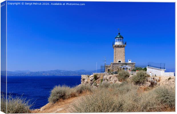 Old stone lighthouse on the high cape Malagavi, Loutraki, Greece. Canvas Print by Sergii Petruk