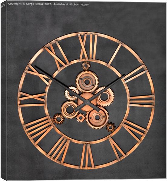 Unusual industrial wall clock made of metal and real gears on a granite black background. Canvas Print by Sergii Petruk