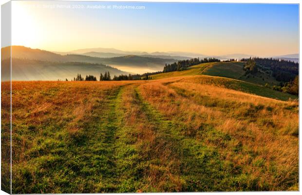 The mountain peaks of the Carpathian hills are filled with golden light in the morning sun. Canvas Print by Sergii Petruk