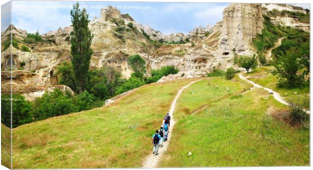 A group of tourists follow each other along a dirt path in Cappadocia, in central Turkey, a top view. Canvas Print by Sergii Petruk