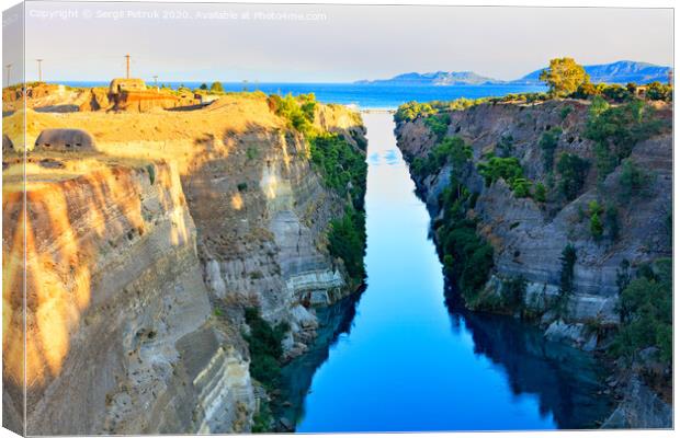 Aerial view of the Corinth Canal in Greece, the shortest European canal 6.3 km long, connecting the Aegean and Ionian Seas. Canvas Print by Sergii Petruk