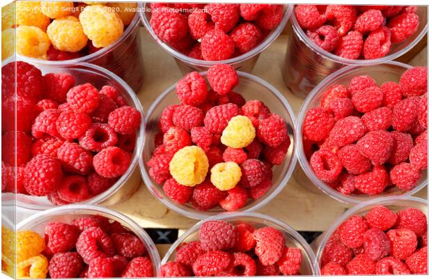 Red and yellow raspberries are collected in plastic cups. Canvas Print by Sergii Petruk