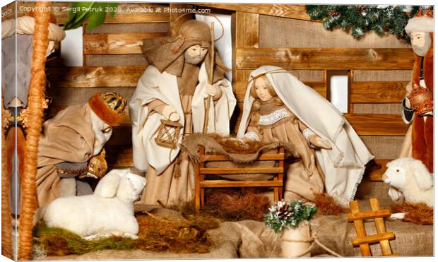 Puppet composition of the Nativity of Christ with the Jesus, Virgin Mary, Joseph, a manger, straw and the Magi who came. Canvas Print by Sergii Petruk