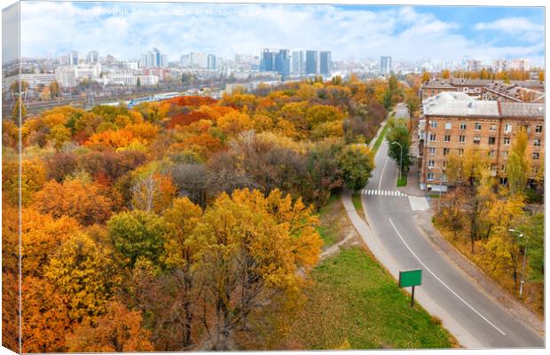 Bright orange foliage of the city park in the autumn landscape of the city, view from the top. Canvas Print by Sergii Petruk