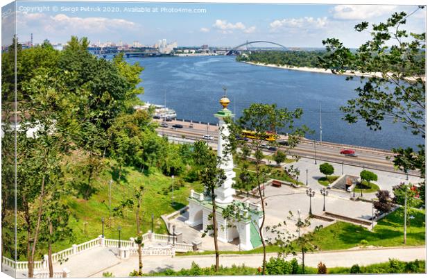 Beautiful landscape of summer Kyiv with a view of the Dnipro River and a monument to the Magdeburg Law. Canvas Print by Sergii Petruk