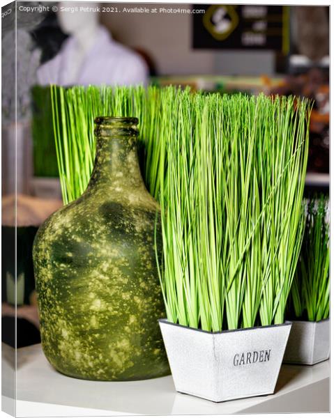 Green grass in a white pot and an old bottle as part of the restaurant's interior decoration. Canvas Print by Sergii Petruk