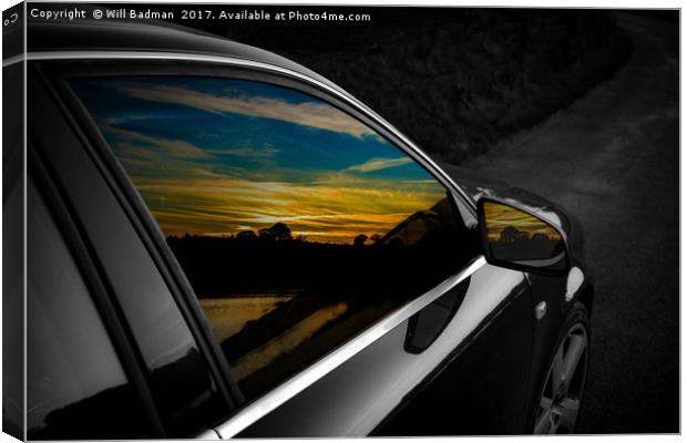 Sunset reflections in Audi window and mirror Canvas Print by Will Badman