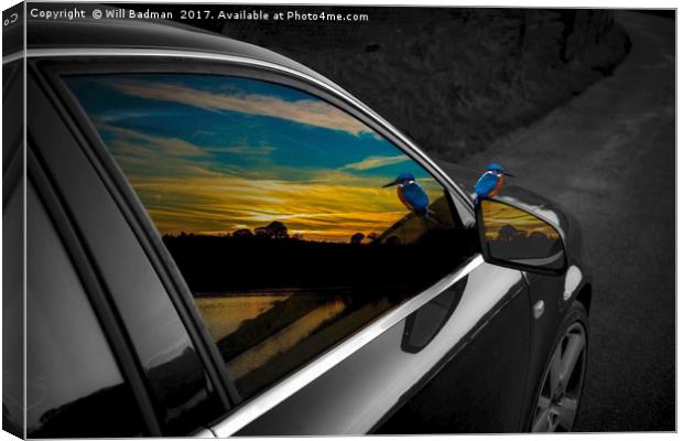 Sunset and kingfisher reflections in Audi window Canvas Print by Will Badman