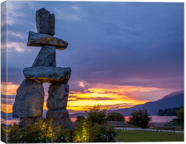 Inukshuk at sunset from English Bay Vancouver  Canvas Print by David Belcher