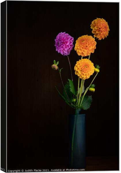 Home grown dahlia flowers in vase.  Canvas Print by Judith Flacke