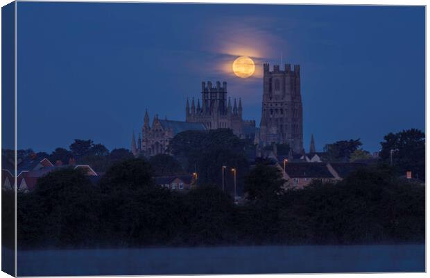 Harvest Moon setting over Ely Cathedral, 21st September 2021 Canvas Print by Andrew Sharpe