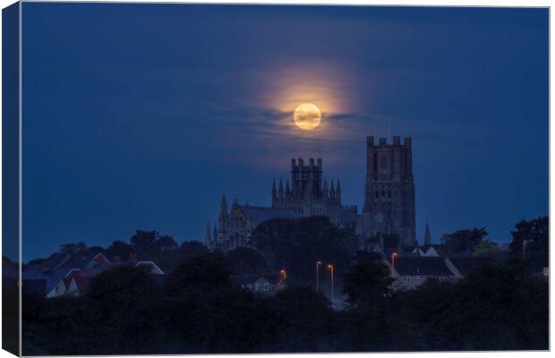 Harvest Moon setting over Ely Cathedral, 21st September 2021 Canvas Print by Andrew Sharpe