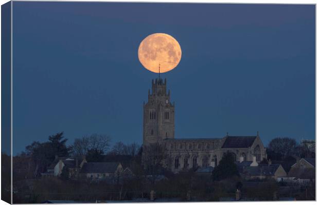Wolf Moon setting over St Andrew's Chrurch, Sutton-in-the-Isle Canvas Print by Andrew Sharpe