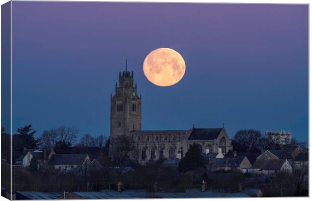 Wolf Moon setting over St Andrew's Chrurch, Sutton-in-the-Isle  Canvas Print by Andrew Sharpe