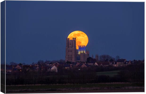 Worm Moon rising behind Ely Cathedral, 18th March 2022 Canvas Print by Andrew Sharpe