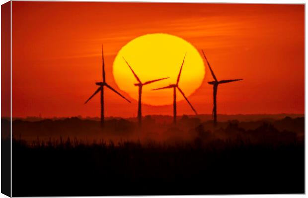 Sunset behind Tick Fen windfarm, Cambridgeshire, 12th August 202 Canvas Print by Andrew Sharpe