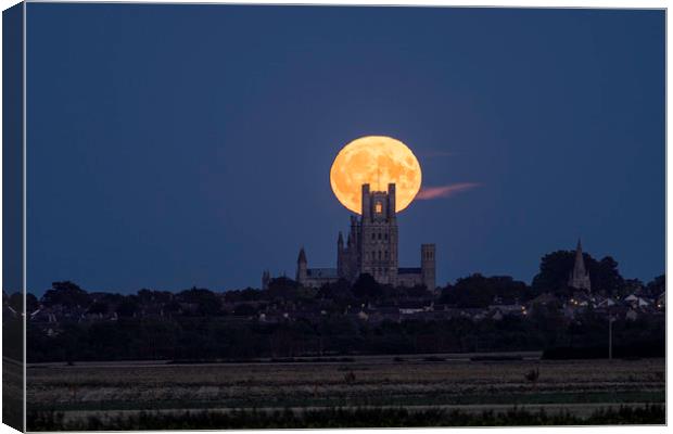 Harvest Moon rising behind Ely Cathedral, Cambridg Canvas Print by Andrew Sharpe