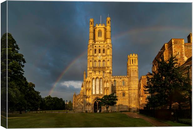 Rainbow behind ELy Cathedral, 15th June 2020 Canvas Print by Andrew Sharpe